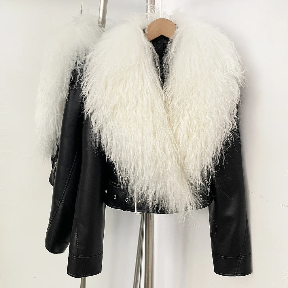 Luxury Natural Mongolian Sheep Fur Coat Women Winter Short Faux Leather Jacket Female Moto Biker Outwear New Coats and Jackets