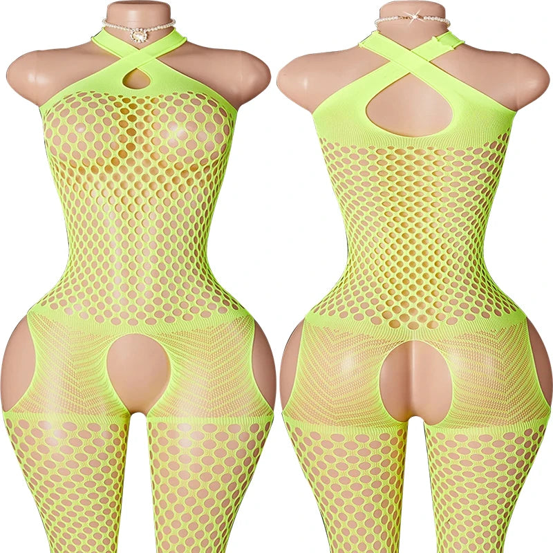 Sexy Backless Crotchless Jumpsuits For Women Fishnet Hollow Romper Erotic Outfits Hanging Neck Bodycon Jumpsuit Mesh Streetwear