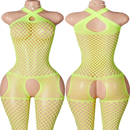 Sexy Backless Crotchless Jumpsuits For Women Fishnet Hollow Romper Erotic Outfits Hanging Neck Bodycon Jumpsuit Mesh Streetwear