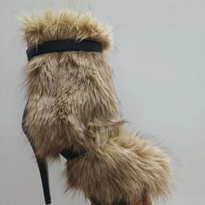 2025 Winter Fur Warm Fashion Boots Pointed Toe Super High Heel Thin Heels Catwalk Ankle Boots Strap Black Boot 44