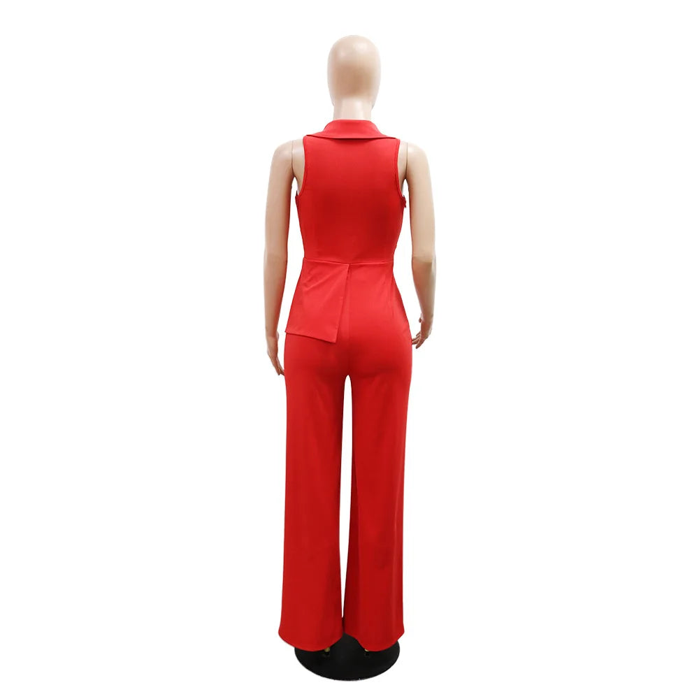 CMYAYA Elegant Womenv-neck High Waist Straight Sleeveless Blazer Jumpsuits 2024 Fall Street Chain Office Lady Party Rompers