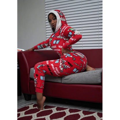2024 Autumn Fashion Christmas New Women's jumpsuit Loose Elastic Elegant Stripe Fun Zipper Christmas Home Hoodie jumpsuit