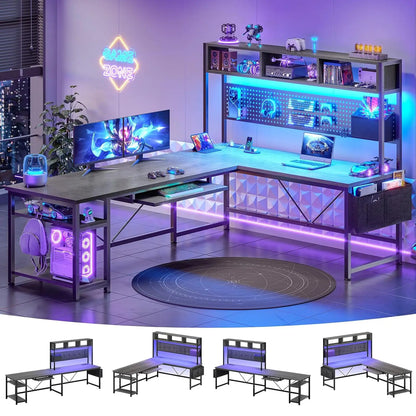 67" Reversible L Shaped Gaming Computer Desk, Pegboard, LED Lights, Power Outlet & Keyboard Tray for Home Office, Custom