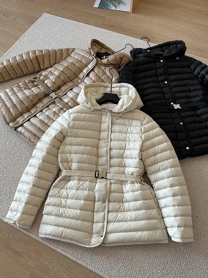 2025 Autumn Winter Luxury Lightweight Short Slim 90% White Duck Down Jacket Women Hooded Detachable Sash Warm Down Coat Fashion