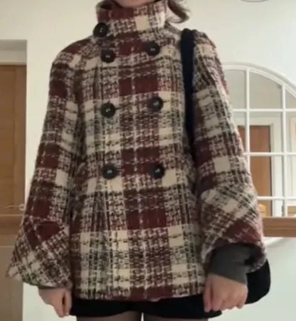Winter Woole Coats Elegant Warm Plaid Stand Collar Pocket Coat Fashion Loose Coats Versatile Casual Female Jacket New Outerwear