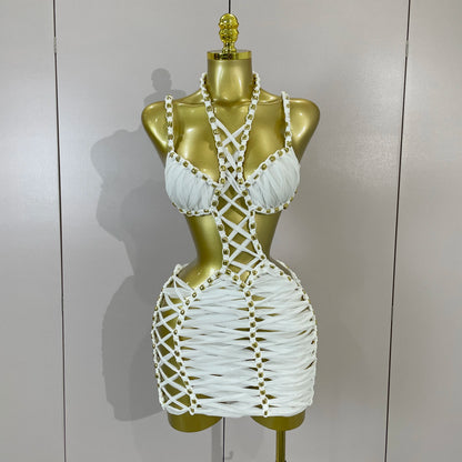 2026 Women Sexy White Halter Neck Perspective Hollow Mini Dresses Summer Backless Nightclub Party Evening Club Performance Dress