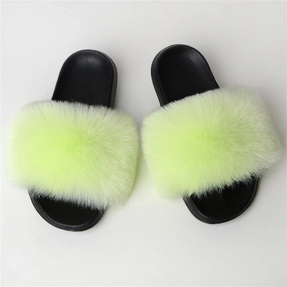 Women's Summer Faux Fur Fox Fur Slippers Fashion Luxury Indoor and Outdoor Non-Slip Solid Color Flat Bottom Furry Sandals