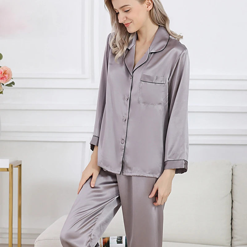 100% Mulberry Silk Pajamas Set for Women Long Sleeve Sleepwear Spring Summer Breathable Lounge Robe Comfortable Cool Silk