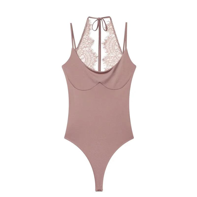 Women's Bodysuit 2026 New Fashion Summer Black Spliced Lace Bodysuit for Women Elegant Chic Personality Spaghetti Strap Bodysuit