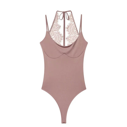 Women's Bodysuit 2026 New Fashion Summer Black Spliced Lace Bodysuit for Women Elegant Chic Personality Spaghetti Strap Bodysuit