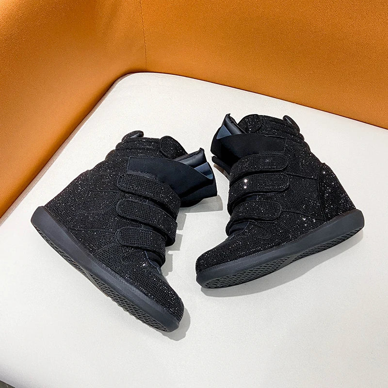 2026 Vintage Rivet Heightened Sneaker Wedge Velcro Casual Bright Diamond Booties