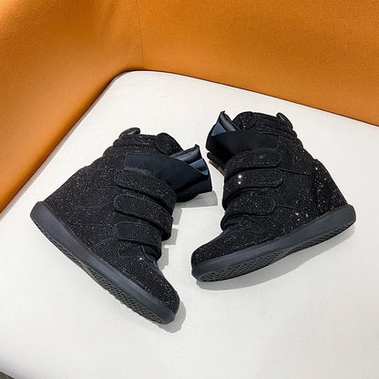 2026 Vintage Rivet Heightened Sneaker Wedge Velcro Casual Bright Diamond Booties