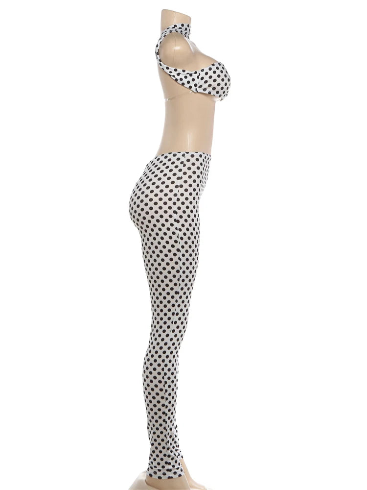 Nibber Hottie Women Dot Print 2 Piece Set Tracksuit Sexy Backless Halter Tank Tops+Leggings Matching Streetwear Stretch Outfits