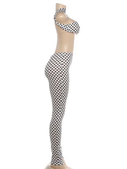 Nibber Hottie Women Dot Print 2 Piece Set Tracksuit Sexy Backless Halter Tank Tops+Leggings Matching Streetwear Stretch Outfits