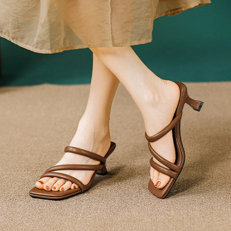 Elegant Ladies Glass Tacones Slippers Open Toe Thick Band Sandals Women High Heels Shoes Wedges Open Toe Slides Beach Sandalias