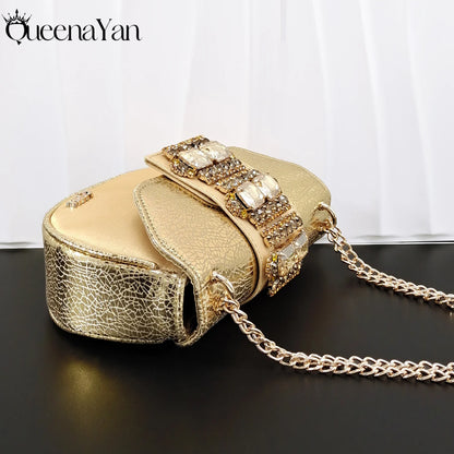 Queena Yan Italian Design Newest Fashion Mature Style Gold Color Women's High Heels with Diamond Oval Bag for Party Wedding