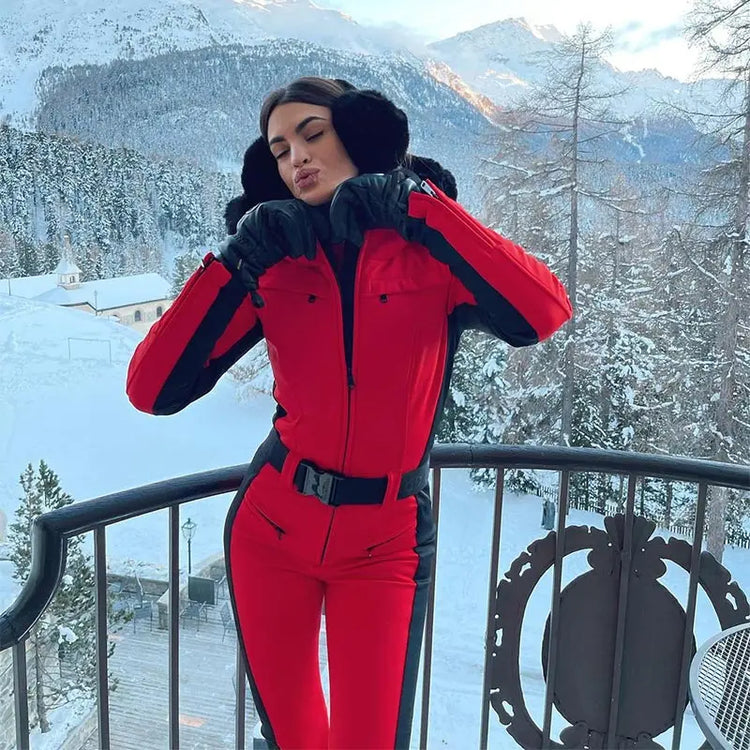 Casual Fur-Trimmed Hooded Ski Suit Women Fashion Belted Slim Full Sleeve Warm Jumpsuits Female 2026 Winter Snow Bodysuit Lady