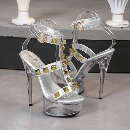 Women's Platform Sandals Rivet Pull Sandals Transparent High Heel 13CM Slim Heel Summer Waterproof Table LFD-1099-36