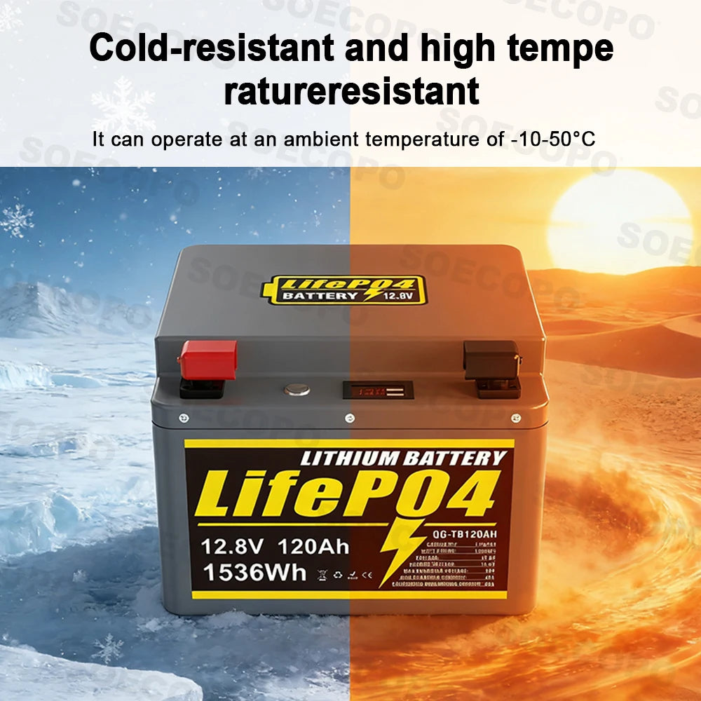 SOECOPO 12V 120Ah Portable LiFePO4 Battery 1536Wh LCD Screen USB Output for Home Camping Fishing Trolling Motor Power Bank