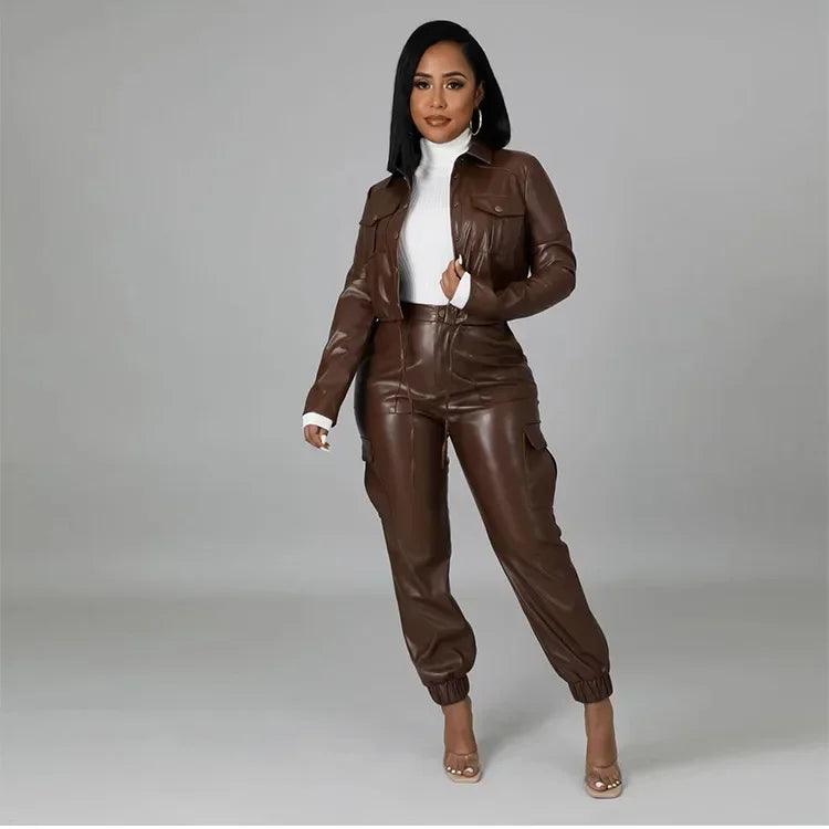 Women Jacket Sets 2 Piece Long Sleeved Slim PU Leather Gripped Pants Set Solid Zipper Fly Pencil Pants Slim Fit High Street Suit
