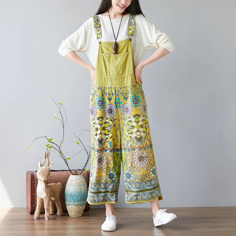Suspenders Overalls Women Denim Jumpsuits Slim Mom Jeans One Piece Wide Leg Long Pants High Waist Rompers Y2k Streetwear Print
