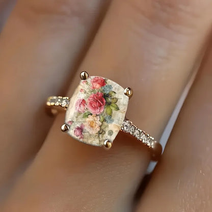 Ladies Rose Bundle Retro Illustration Square Ring Design Light Luxury Fashion Jewelry Daily Wear Special Occasions Suitable Gift