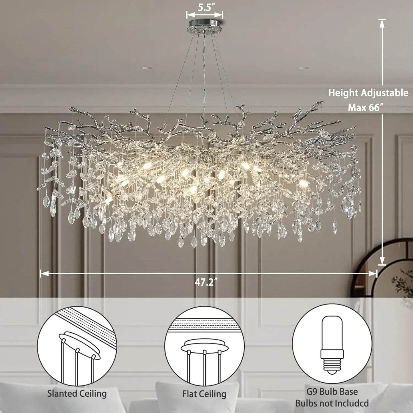 Modern Chrome Crystal Ceiling Chandelier Round Branch Crystal Chandeliers For Dining Living Room Bedroom Kitchen Fixture