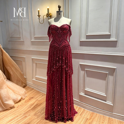 Red Off-the-Shoulder Strapless Sleeveless Floor-Length Formal Ball Gown Beadwork Embroidery Glowing Women's  Occasion Dress