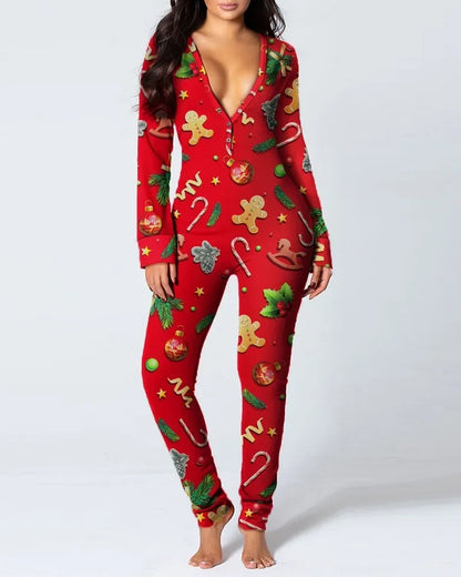 New Women Pajamas Sexy V-neck Jumpsuit Plaid Casual Long Sleeve Pyjama Button-down Front Functional Buttoned Flap Sleepwear