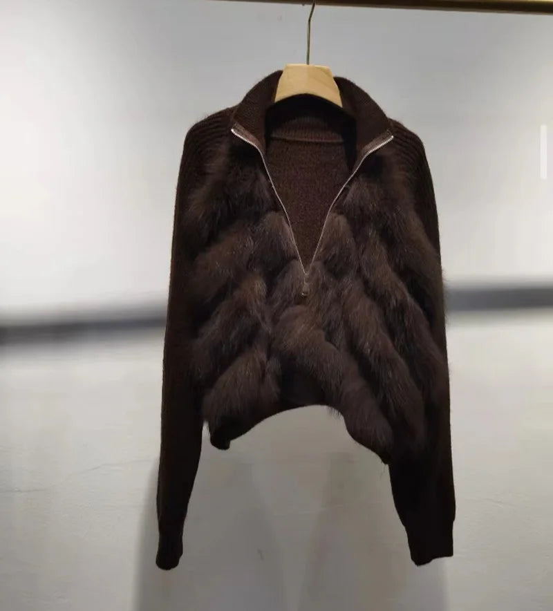Women Short Knitted Pullover With Real Fox Fur Long Sleeve Genuine Fur Trimming Pullover Female Jumpers With Zipper