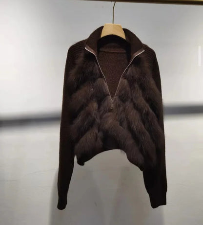 Women Short Knitted Pullover With Real Fox Fur Long Sleeve Genuine Fur Trimming Pullover Female Jumpers With Zipper
