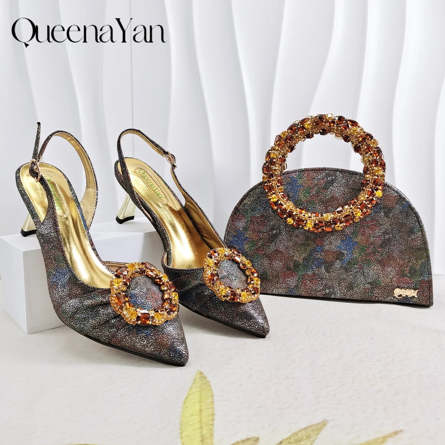 Multicolor Glitter Rhinestone Ring Handle Evening Clutch And Women High Heels Shoes Set Wedding Party Matching Bag