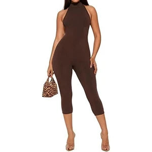 STYLISH LADY Sporty Calf Length Jumpsuits 2025 Autumn Women Halter Backless Bodycon Sexy Club Party Skinny Solid Color Jumpsuit