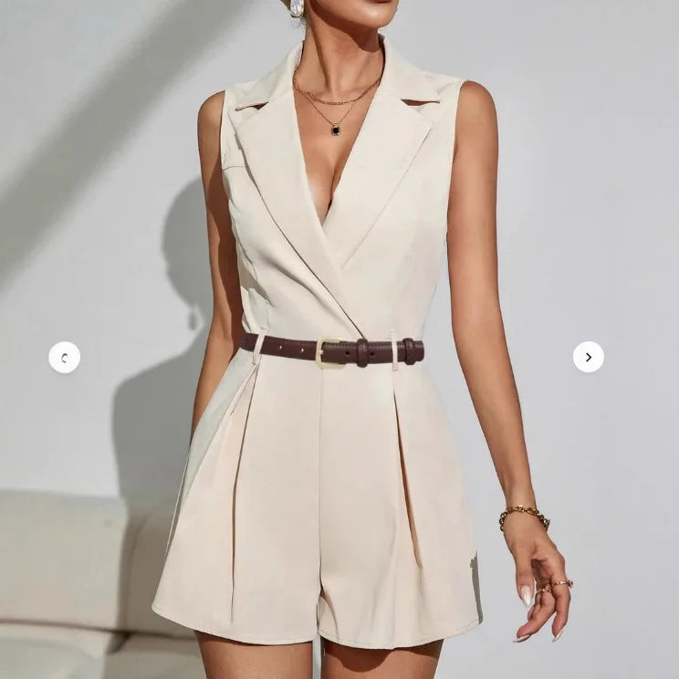 Jumpsuits Women Summer Rompers One Piece Wide Leg Shorts Sleeveless Turn Down Collar 2025 Office Lady Overalls Short Pants