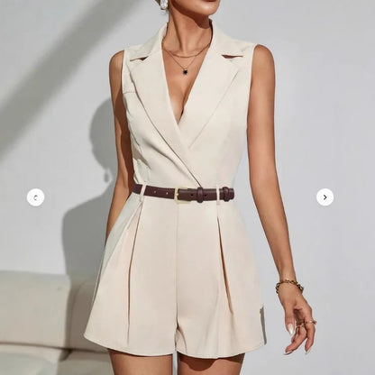 Jumpsuits Women Summer Rompers One Piece Wide Leg Shorts Sleeveless Turn Down Collar 2025 Office Lady Overalls Short Pants