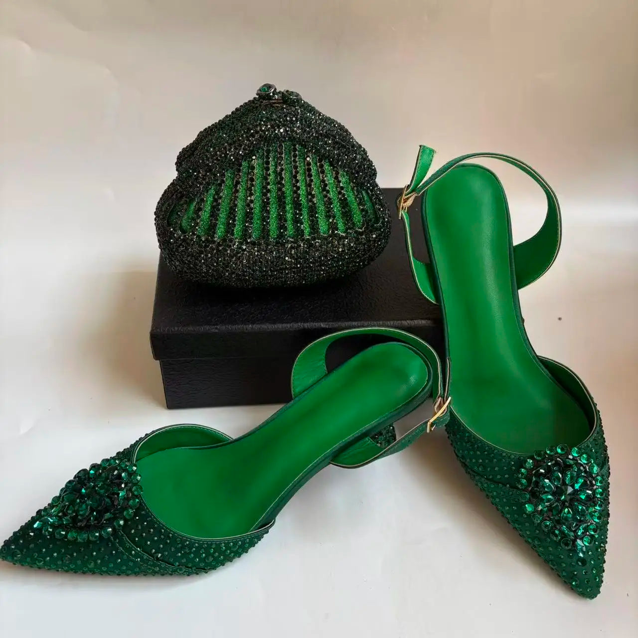Insightlink Green Crystal High Heel with Bag Set for Bridal Wedding Party Designer Pointed Toe and Clutch Luxury Sandal Handbag