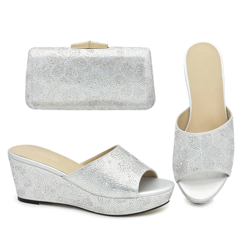 Classics Design Nigerian Women Shoes Matching Bag Set with Shinning Crystal Wedges Shoes for Women Italian Women Party Pumps