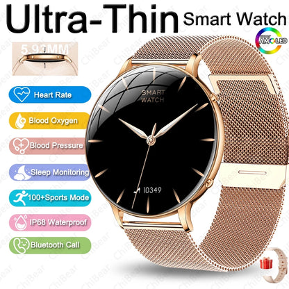 2026 Ultra-Thin Women Smart Watch AMOLED HD GPS Track Always-On Time Display LED Flashlight Bluetooth Call Waterproof Smartwatch