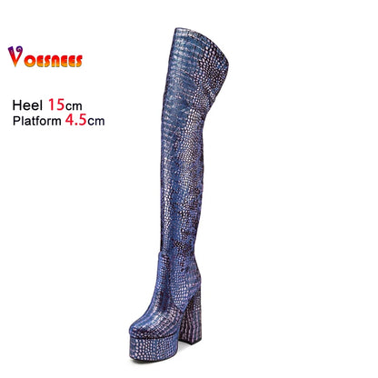 15CM Chunky Heel Platform Woman Over-the-knee Snake Pattern Boots Wild T Show Shoes Sexy Slimming Stretch Thigh Boots For Women