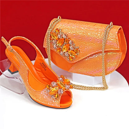 Elegant Orange Color 2025 Rhinestone High-Heels Shoes & Handbag Set – Luxury Wedding & Party Accessories