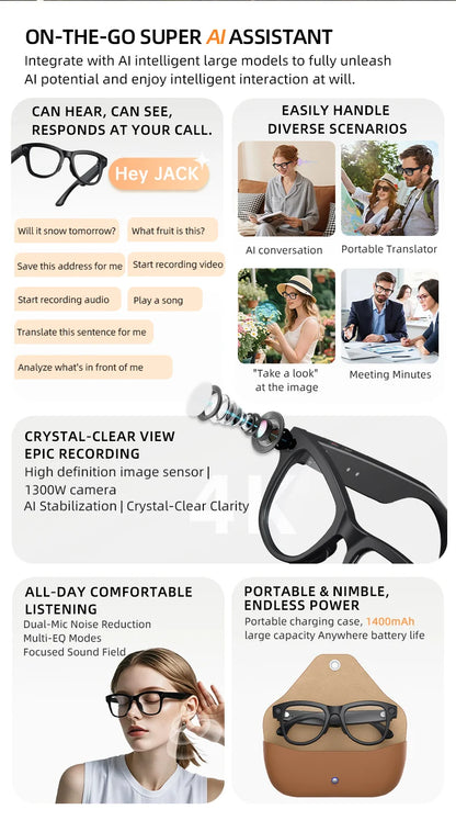New AI Smart Glasses 13MP HD Camera 1200P Video  Multiple Languages Translation WiFi Sunglasses Bluetooth Call Music Men Women