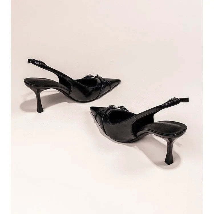 Fashionable Pointed Toe Shallow Mouth New High-heeled Shoes Summer Elegant Buckle Decorated Stiletto Black Women's Shoes NO:602