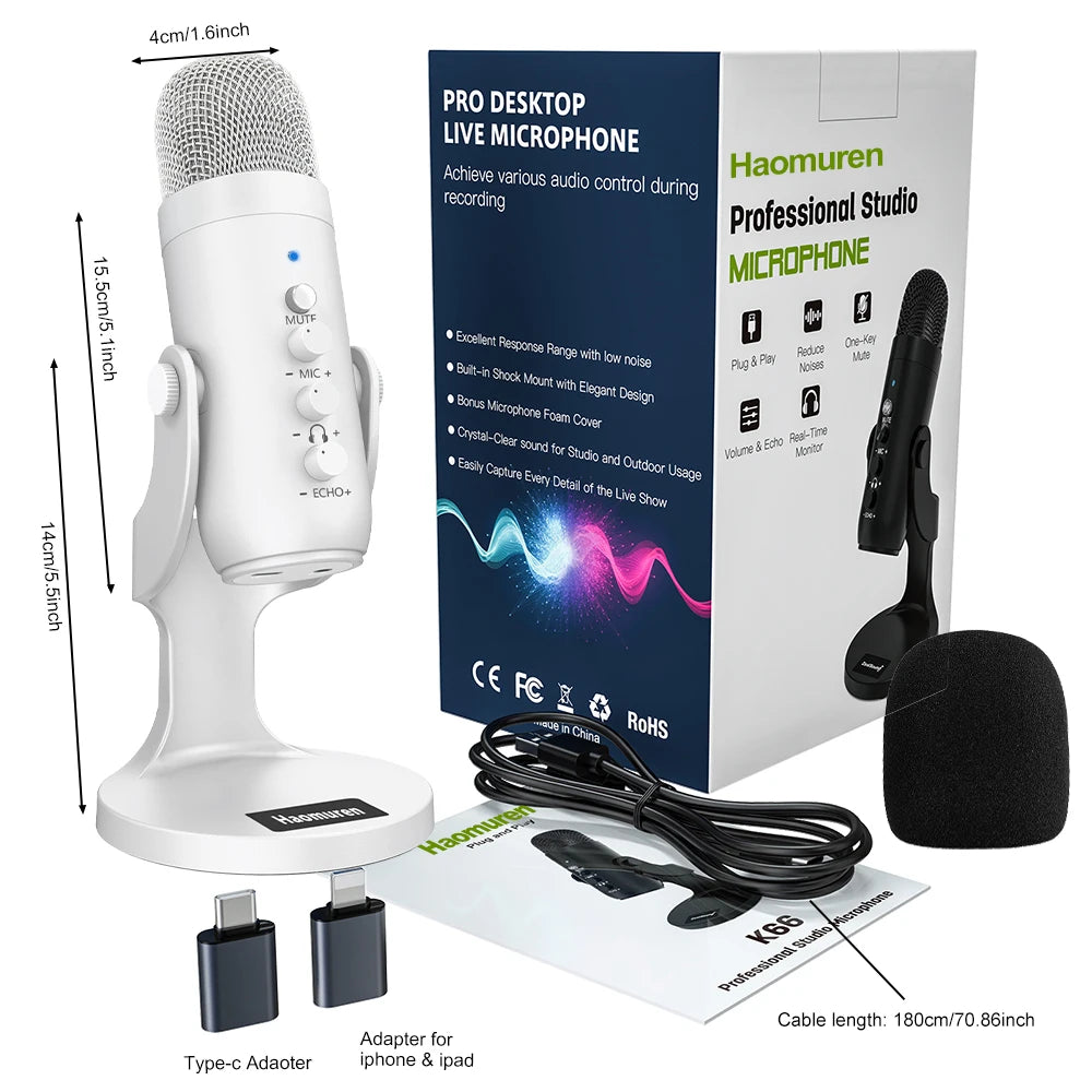 Professional White USB Condenser Microphone Studio Recording Mic for PC Computer Phone Gaming Streaming Podcast Vocals Youtube