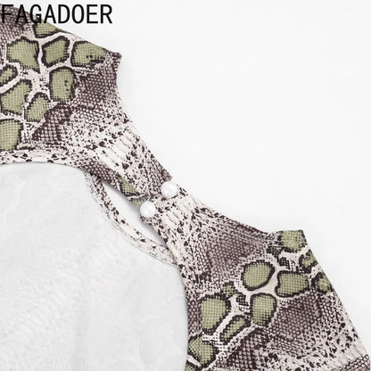 FAGADOER Sexy Snake Print Bodycon Romper Hot Girl O Neck Button Backless Hollow Out  Skinny Jumpsuits Streetwear Club Playsuits