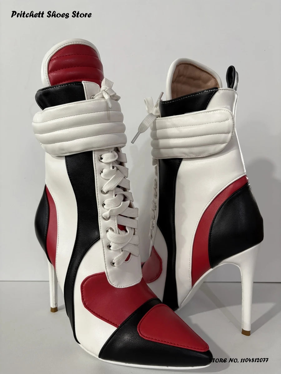 Women's Sports Style Stiletto Booties Patchwork Cross-tied Trending Ankle Boots Pointed Toe Thin Heels Side Zip Plus Size Shoes