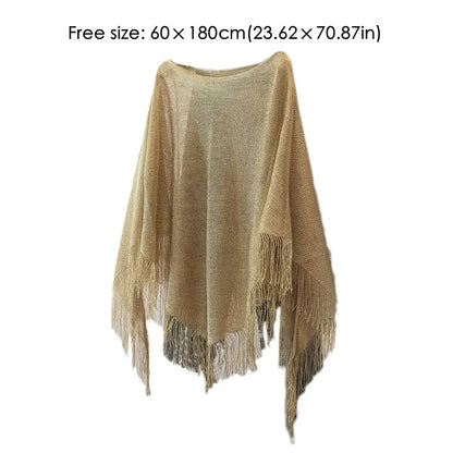 New Knit Tassel Knit Poncho Top Shimmer Asymmetrical with Tassel Beach Cover Up Casual Irregular Mesh Wrap Capelet Spring Summer