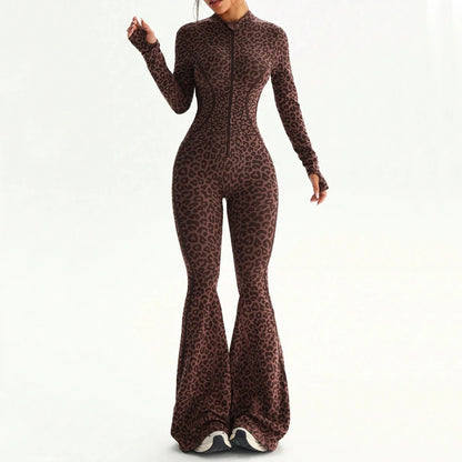 Zipper Women Seamless Jumpsuits Long Sleeve One Piece Yoga Set Leopard Fitness Gym Bodysuits Flare Pants Sports Activewear XP290