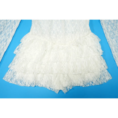 FAGADOER Sexy Lace Ruffle Patchwork Bodycon Romper Woman See Through Long Sleeves One Piece Jumpsuits Female Nightclub Overalls