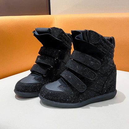 2026 Vintage Rivet Heightened Sneaker Wedge Velcro Casual Bright Diamond Booties