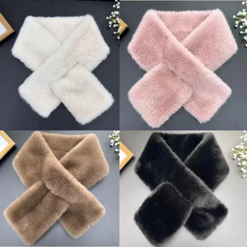 Korean Women Winter Warm Thicken Cross Collar Scarf Imitation Faux Rabbit Fur Scarf Solid Furry Neck Warmer Cold Proof Scarves